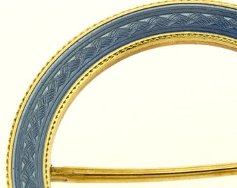 14K Gold Basse-taille Engraved Blue Enamel Circle Brooch