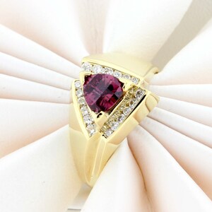 14K Yellow Gold Checkerboard Trillion Cut Rhodolite Garnet and White Diamond Accents Ring