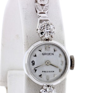 14K White Gold Gruen Ladies Daimond Bracelet Wrist Watch