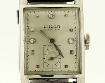 Vintage Gruen Curvex Solid 14K White Gold Wrist Watch with Diamond Dial