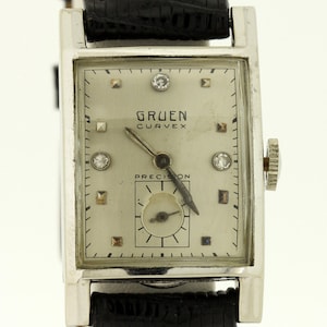 Vintage Gruen Curvex Solid 14K White Gold Wrist Watch with Diamond Dial