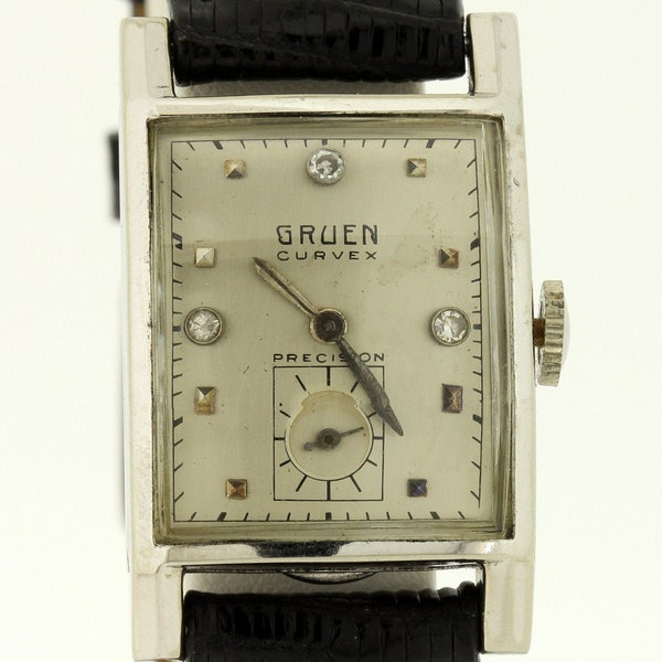 Vintage Gruen Curvex Solid 14K White Gold Wrist Watch with Diamond Dial