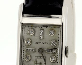 1950s Longines 14K White Gold Wrist Watch with Diamond Dial