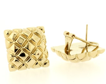 Playful Vintage Lattice Puffed Earrings 14K Yellow Gold Omega Back Closures