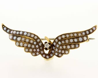 Diamond and Pearl Angel Wing Pin 14K Yellow Gold