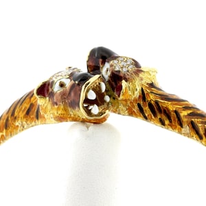 18K Yellow Gold Hinged Bracelet Enameled Twin Tigers