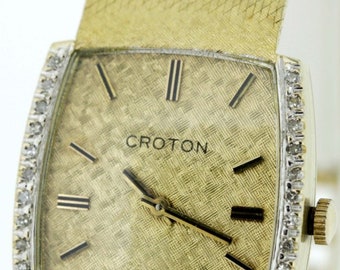 Mens 14K Gold Croton Diamond Bezel Wrist Watch