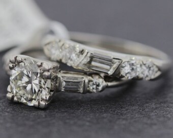 2 Piece Wedding Platinum Set Round Diamonds with Bagutte Accents