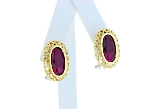 18K Gold Omega Earrings with Red Oval Synthetic S… - image 2