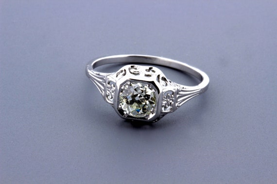 Floral Diamond Solitaire 14K White Gold Ring Fili… - image 1