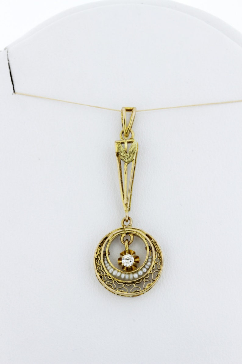 10K Yellow Gold Filigree Drop Pendant With Seed Pearls and Etsy
