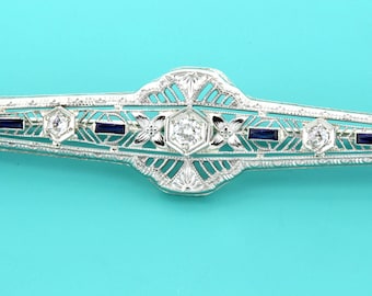 14K Gold Brooch with Pave Diamonds and Blue Accents