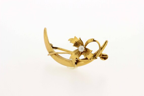 Cresent Flower Brooch with Pearl 10K Yellow Gold  - image 6