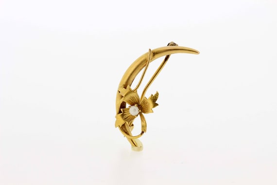 Cresent Flower Brooch with Pearl 10K Yellow Gold  - image 1