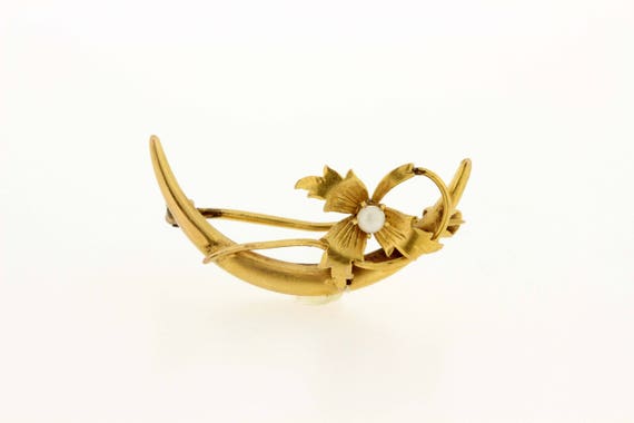 Cresent Flower Brooch with Pearl 10K Yellow Gold  - image 5