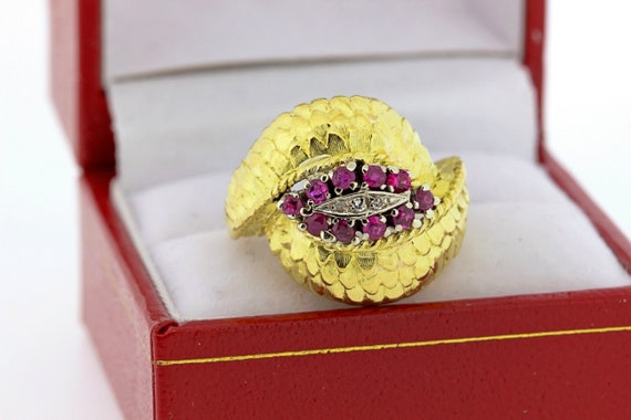 18K Yellow Gold Dragon Scale Pattern Ruby and Dia… - image 1