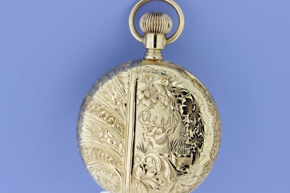 Waltham 14K Gold Pocket Watch with Engraved Deer