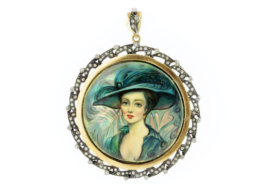 Teal Peacock Lady Portrait Silver, Gold, and Diam… - image 1