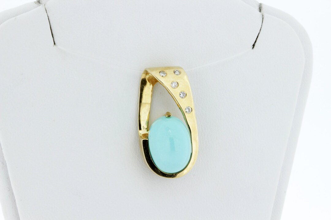 14K Yellow Gold Pendant With Turquoise and Diamonds - Etsy