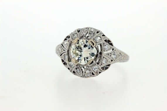 Platinum Diamond Ring with Milgrain and Wheat Lea… - image 2