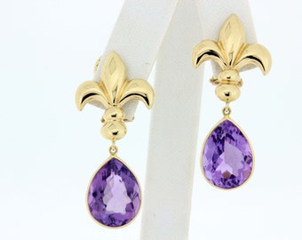 14K Yellow Gold Fleur de Lis Iris Flower Amethyst Earrings Omega Back Pear Cut