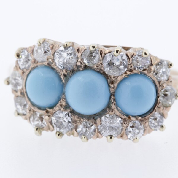 Three Turquoise Orbs with European Diamonds 14K Gold Ring