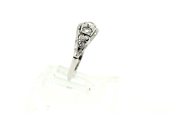 1930s 18K White Gold Lily Pad Filigree Ring with … - image 7