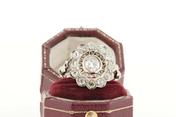 Vintage Rose Cut Diamond Platinum Ring with Rose … - image 1