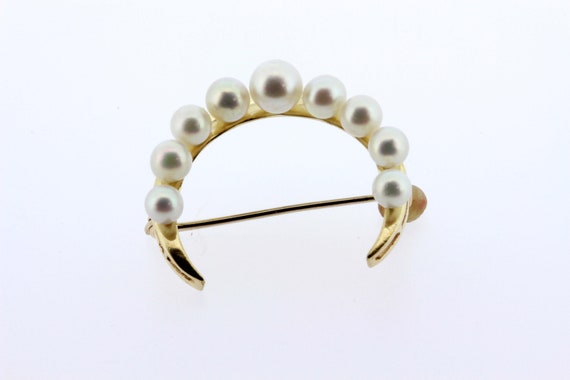 14K Yellow Gold Pearl Brooch Moon or Crescent Sha… - image 4