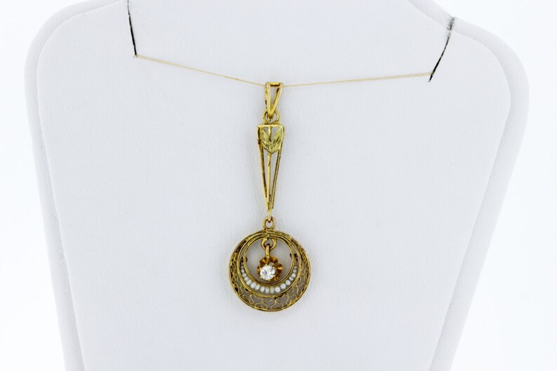 10K Yellow Gold Filigree Drop Pendant With Seed Pearls and Etsy