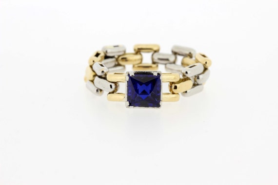 Gold Large Link Ring with Synthetic Sapphire  - image 1