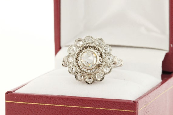 Vintage Rose Cut Diamond Platinum Ring with Rose … - image 7