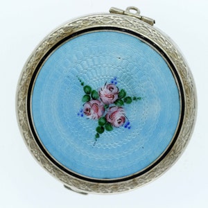 Silver Compact Mirror with Flowers and Enamel