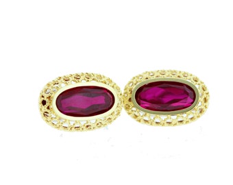 18K Gold Omega Earrings with Red Oval Synthetic Stones