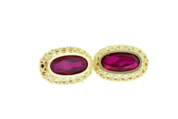 18K Gold Omega Earrings with Red Oval Synthetic S… - image 1