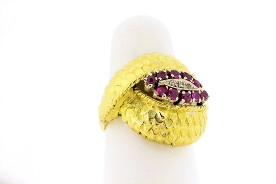 18K Yellow Gold Vintage Dragon Scale Pattern Ruby… - image 2