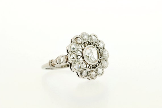 Vintage Rose Cut Diamond Platinum Ring with Rose … - image 4