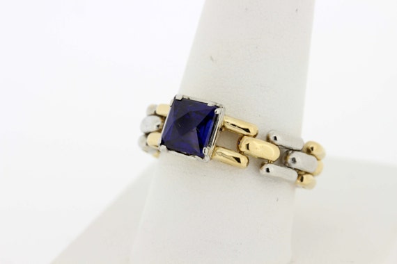 Gold Large Link Ring with Synthetic Sapphire  - image 3