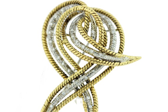 18K Yellow and White Gold Diamond Ribbion Brooch  - image 2