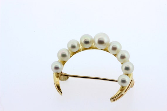 14K Yellow Gold Pearl Brooch Moon or Crescent Sha… - image 7