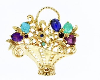 Broche de cesta de flores de oro amarillo de 14 quilates con piedras preciosas