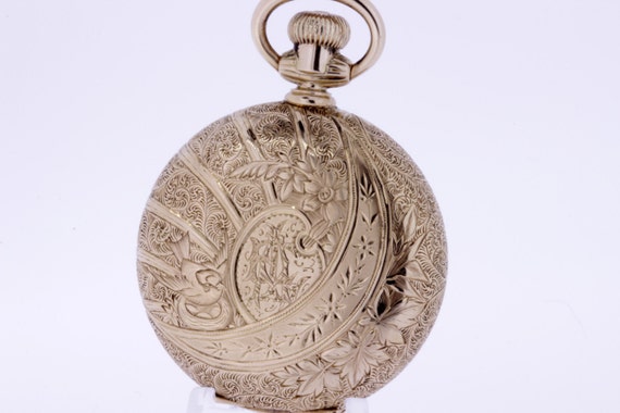 14K Gold Engraved Pocket Watch with Sparrows, Sai… - image 4