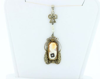 14K Gold Filigree and Cameo Pendant with Diamond and Pearls