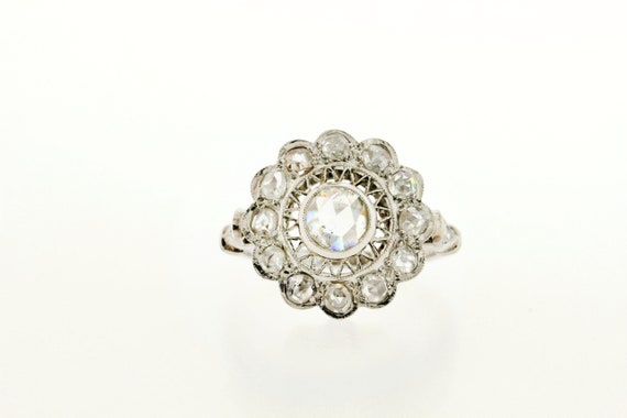 Vintage Rose Cut Diamond Platinum Ring with Rose … - image 3