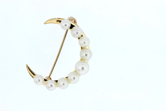 14K Yellow Gold Pearl Brooch Moon or Crescent Sha… - image 2