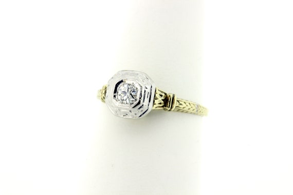 14K Solitaire Diamond Ring with Tulip and Chevron… - image 5
