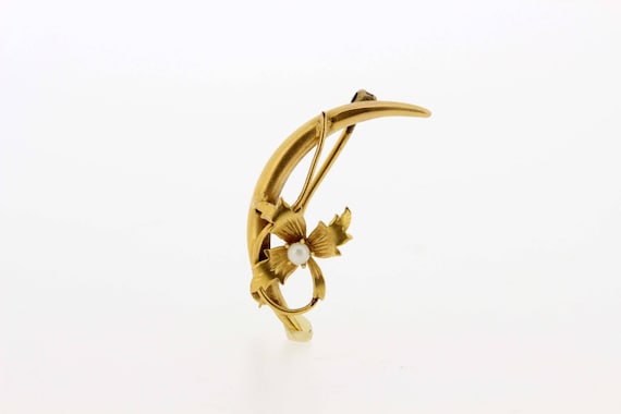 Cresent Flower Brooch with Pearl 10K Yellow Gold  - image 2