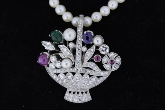 Platinum Floral Basket Pendant/Convertible Brooch… - image 1