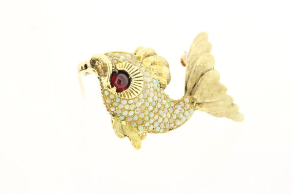 14K Opal and Granet Yellow Fish Brooch - image 4