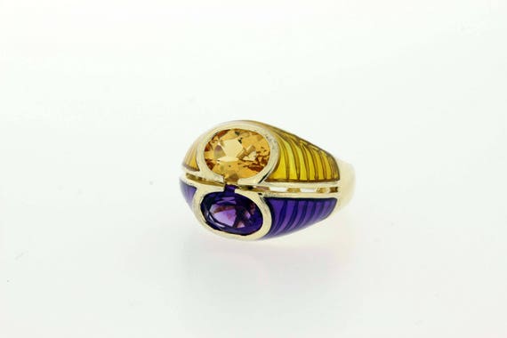 Amethyst and Citrine Enameled Ring Silver